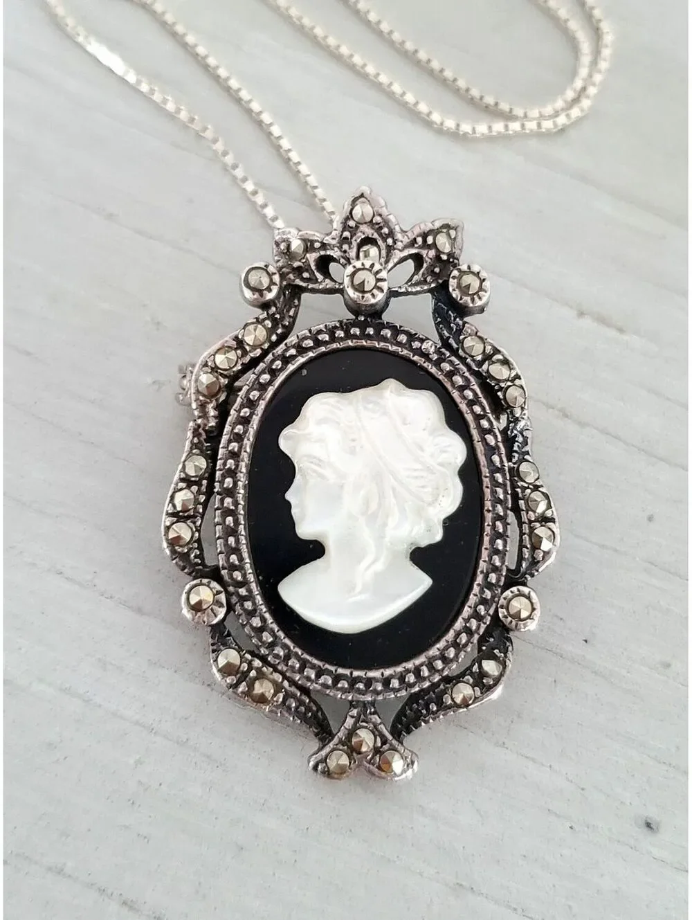 Vintage Sterling Silver Onyx Marcasite Cameo Brooch Pendant Necklace